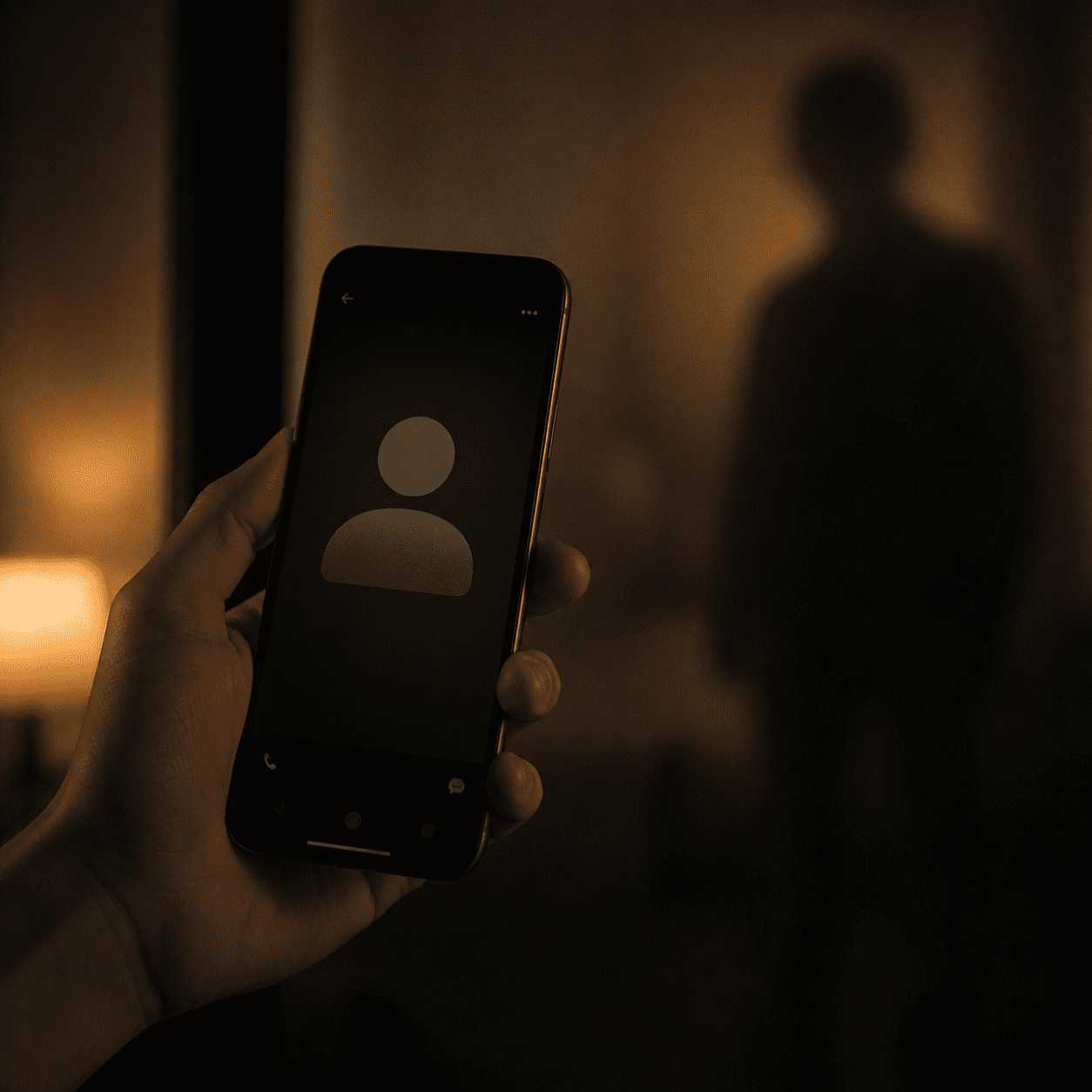 Smartphone mit unscharfer Silhouette im Hintergrund