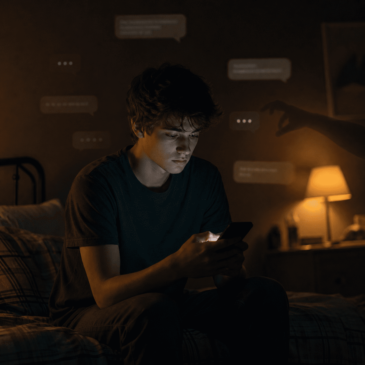 Jugendlicher schaut angespannt auf ein Smartphone
